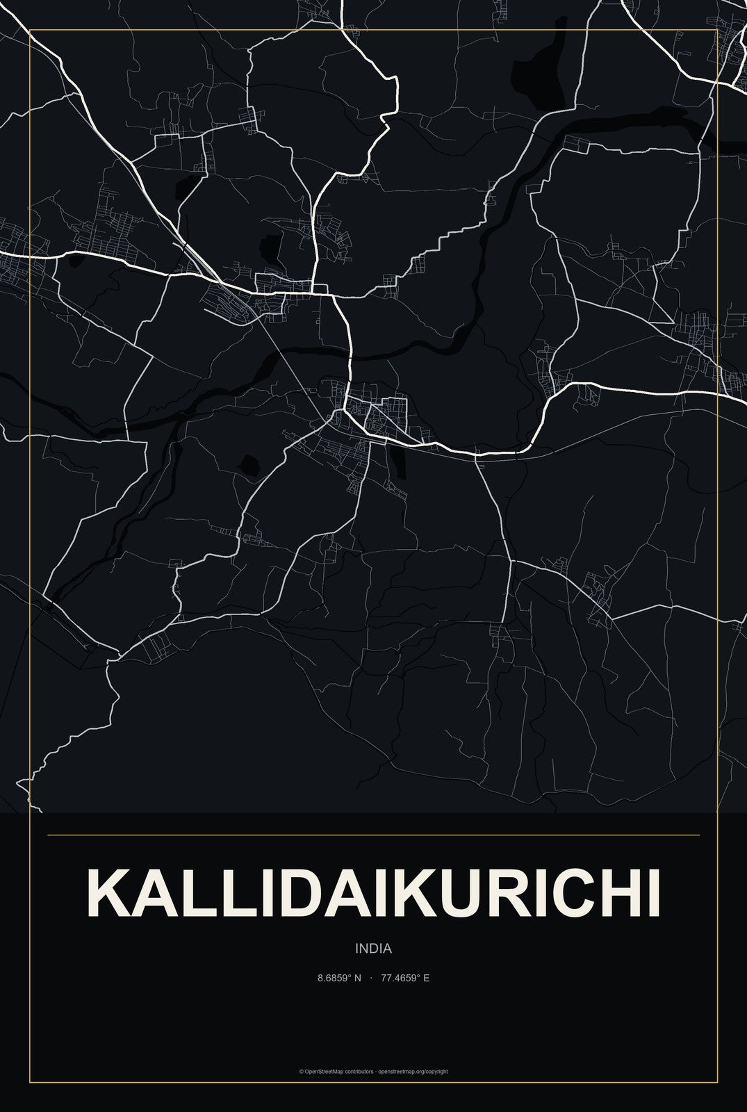 Kallidaikurichi, India City Map Aluminum Sign in Metropolitan Noir style