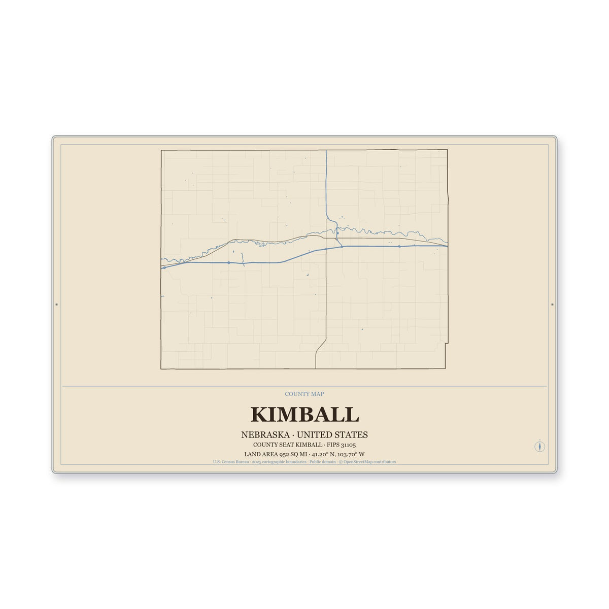Kimball County, Nebraska Map Aluminum Sign in Heritage Nautical style