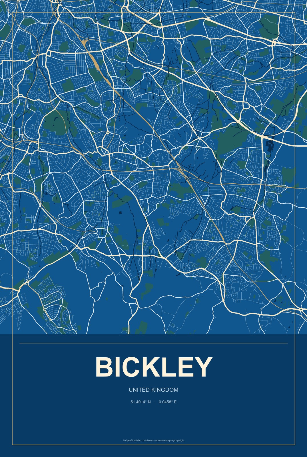 Bickley, United Kingdom City Map Aluminum Sign in Harbor Cobalt style