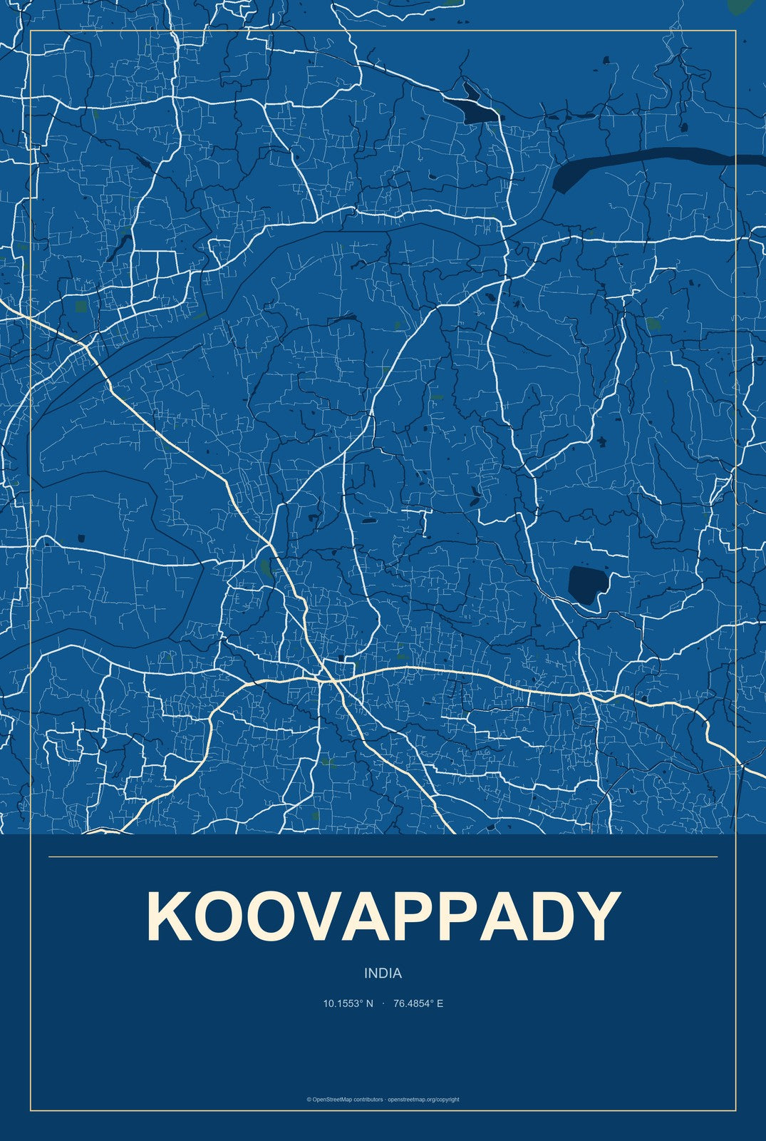 Koovappady, India City Map Aluminum Sign in Harbor Cobalt style
