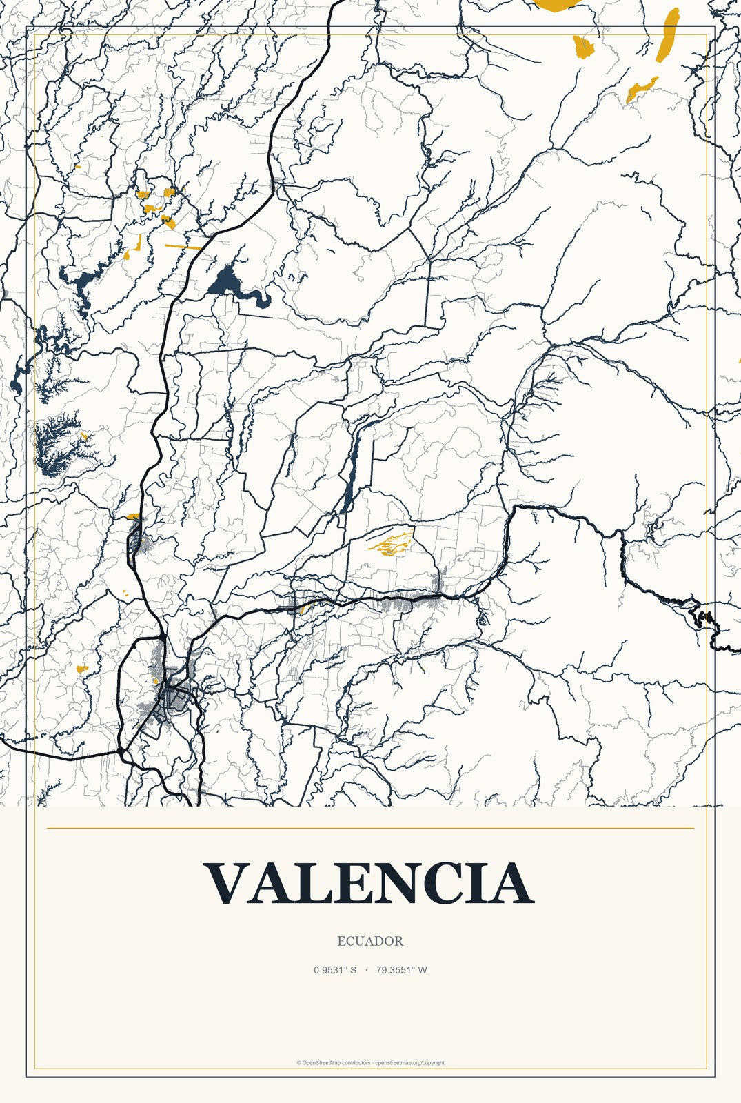 Valencia, Ecuador City Map Aluminum Sign in Citrine Modern style