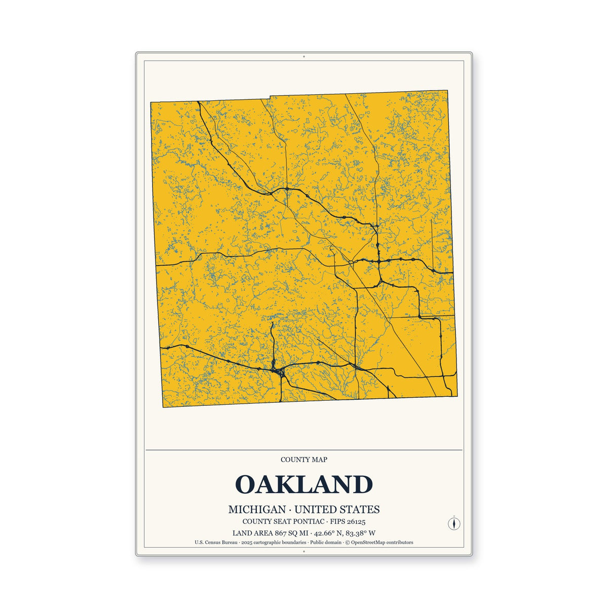 Oakland County, Michigan Map Aluminum Sign in Citrine Modern style