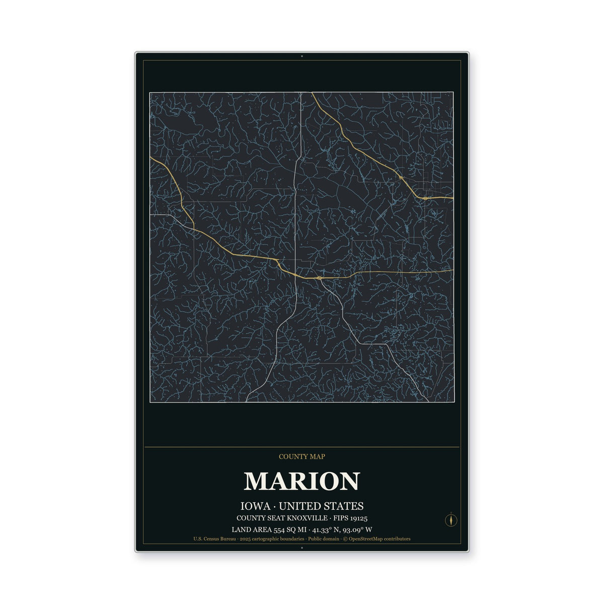 Marion County, Iowa Map Aluminum Sign in Metropolitan Noir style