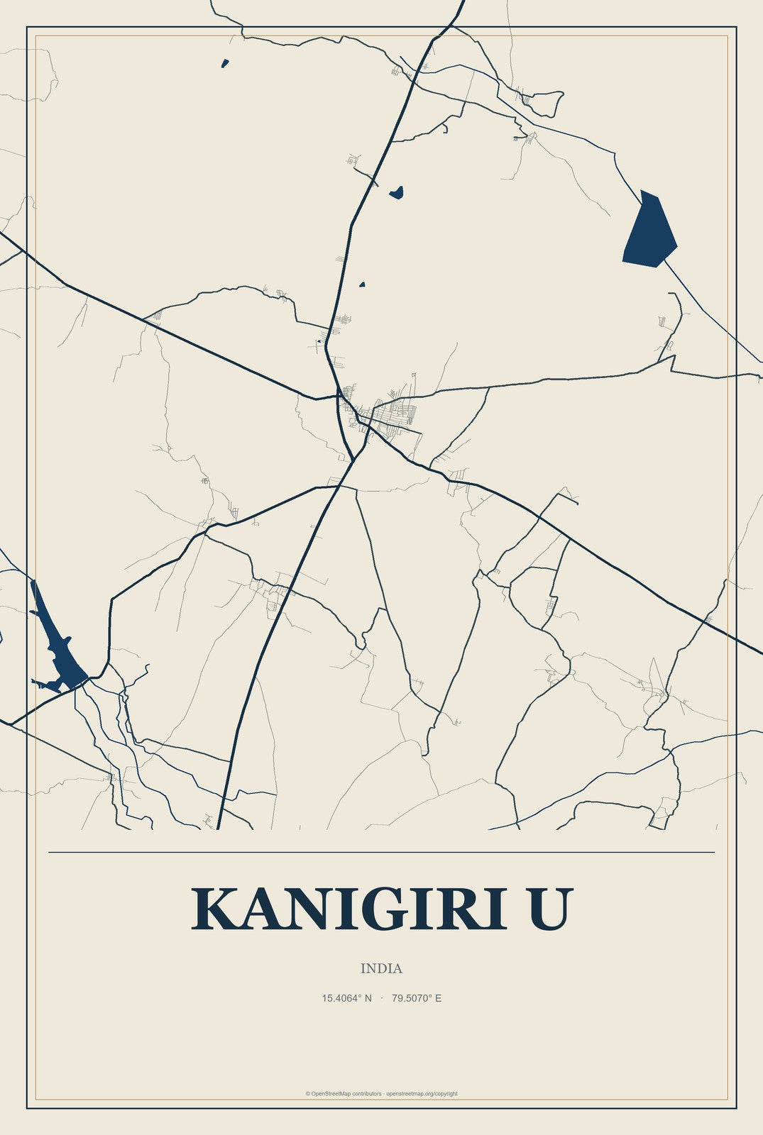 Kanigiri U, India City Map Aluminum Sign in Coastal Cutout style