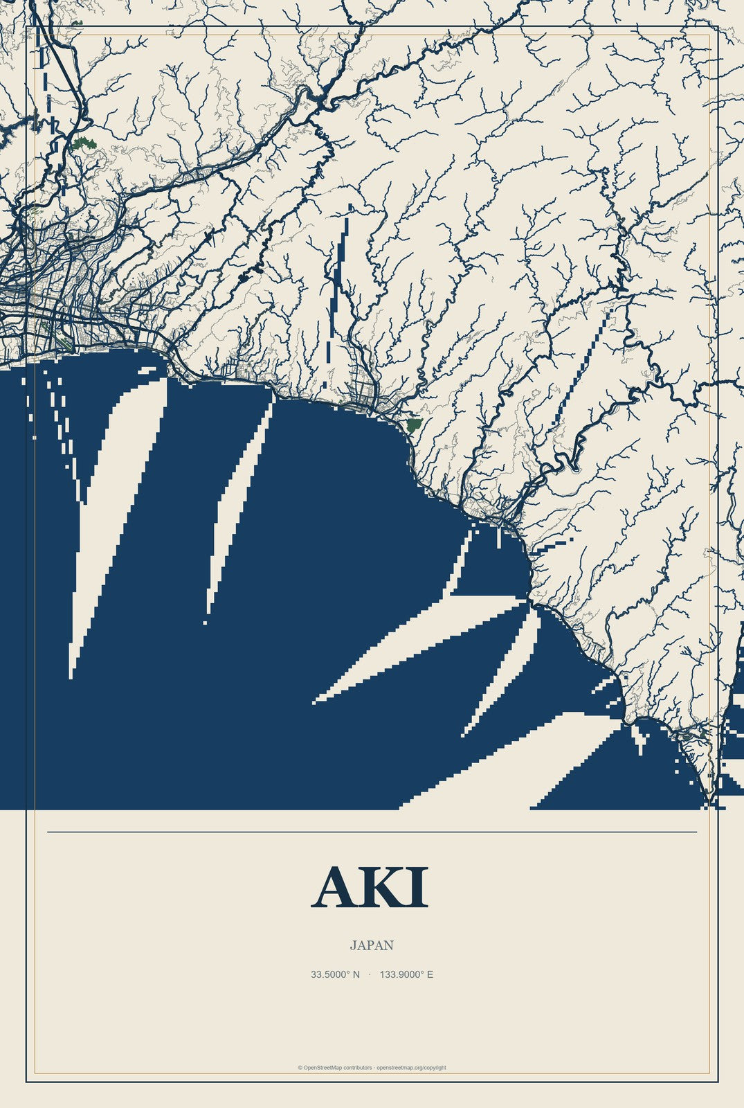 Aki, Japan City Map Aluminum Sign in Coastal Cutout style