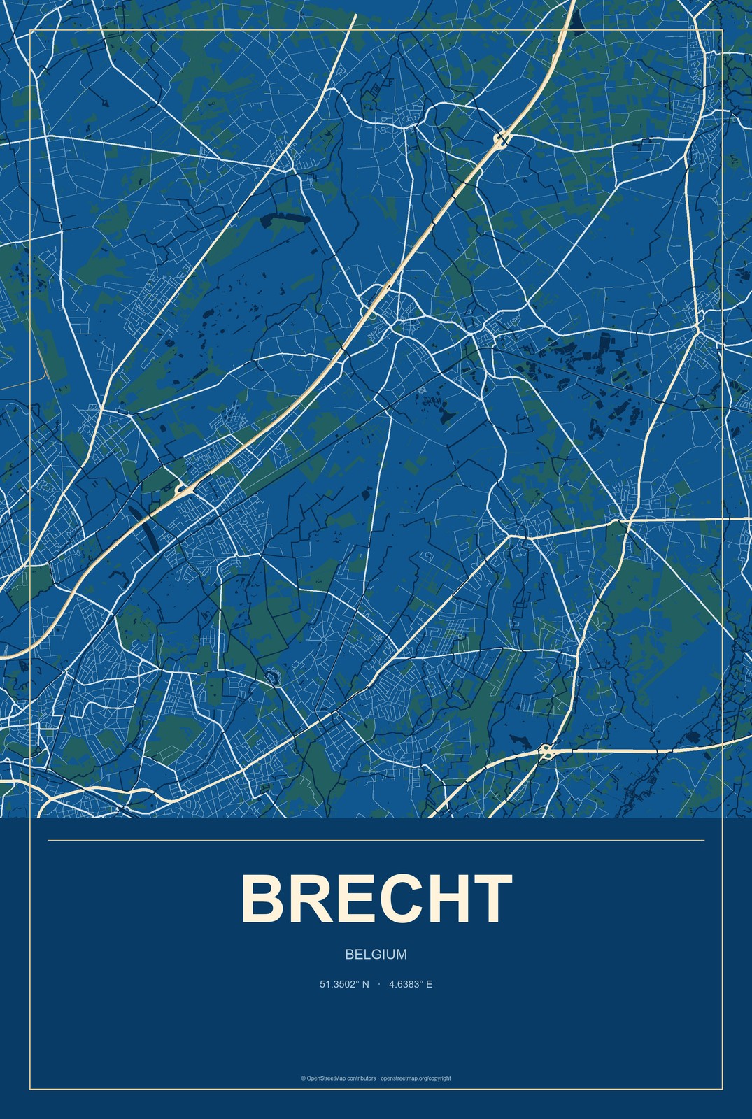 Brecht, Belgium City Map Aluminum Sign in Harbor Cobalt style