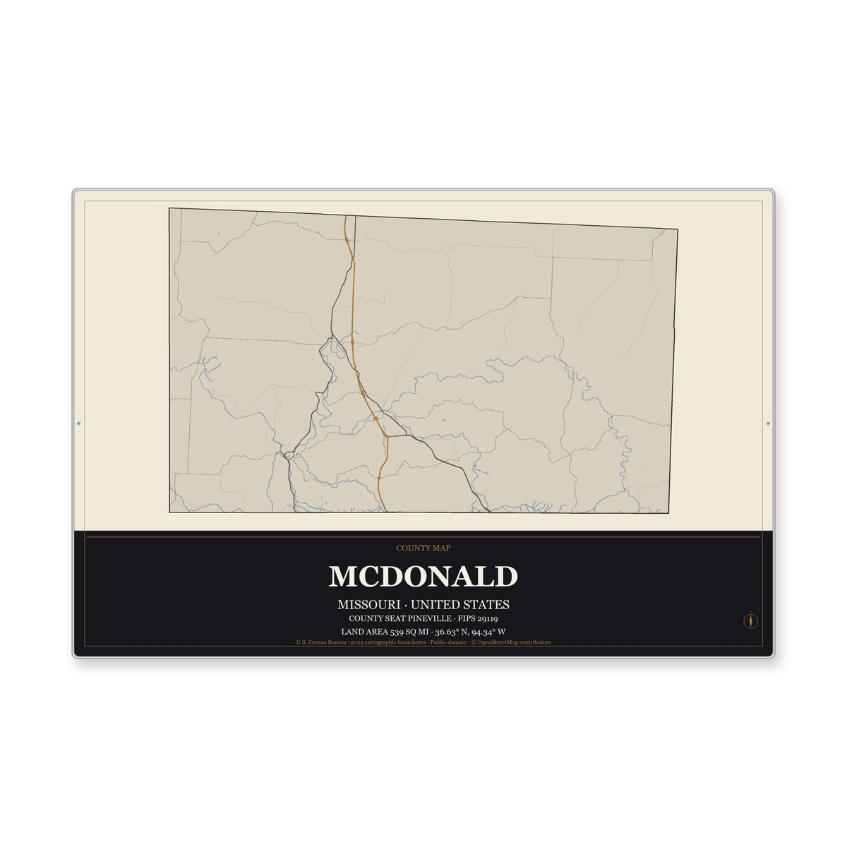 McDonald County, Missouri Map Aluminum Sign in Museum Plaque style