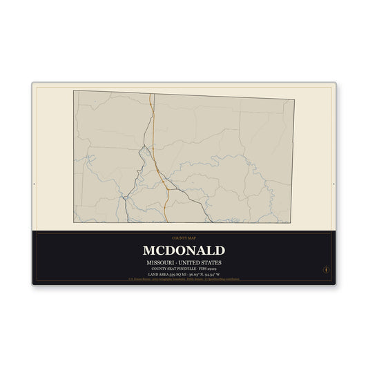 McDonald County, Missouri Map Aluminum Sign in Museum Plaque style