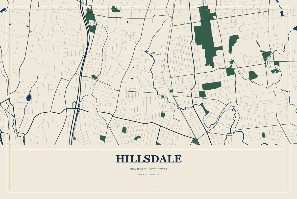 Hillsdale, New Jersey City Map Aluminum Sign in Coastal Cutout style