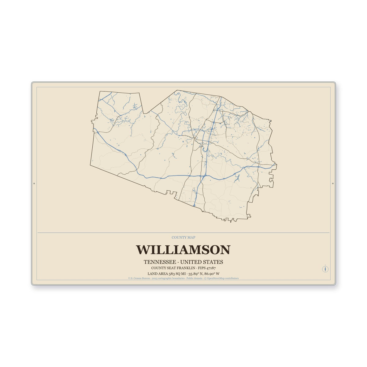 Williamson County, Tennessee Map Aluminum Sign in Heritage Nautical style