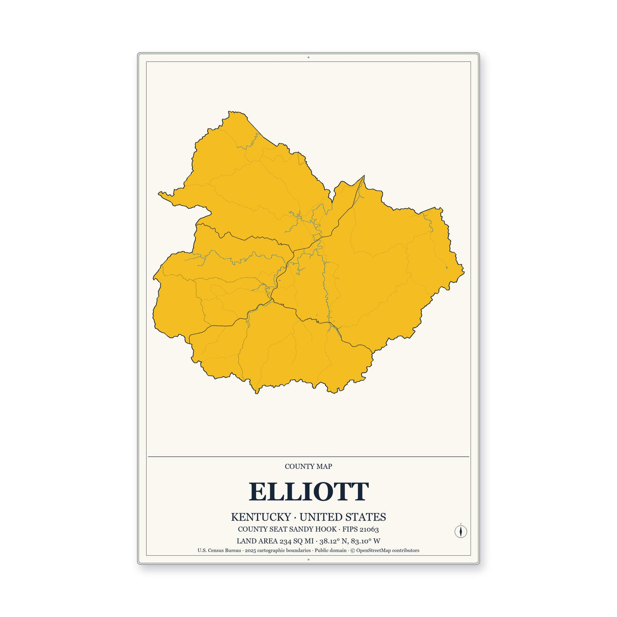 Elliott County, Kentucky Map Aluminum Sign in Citrine Modern style