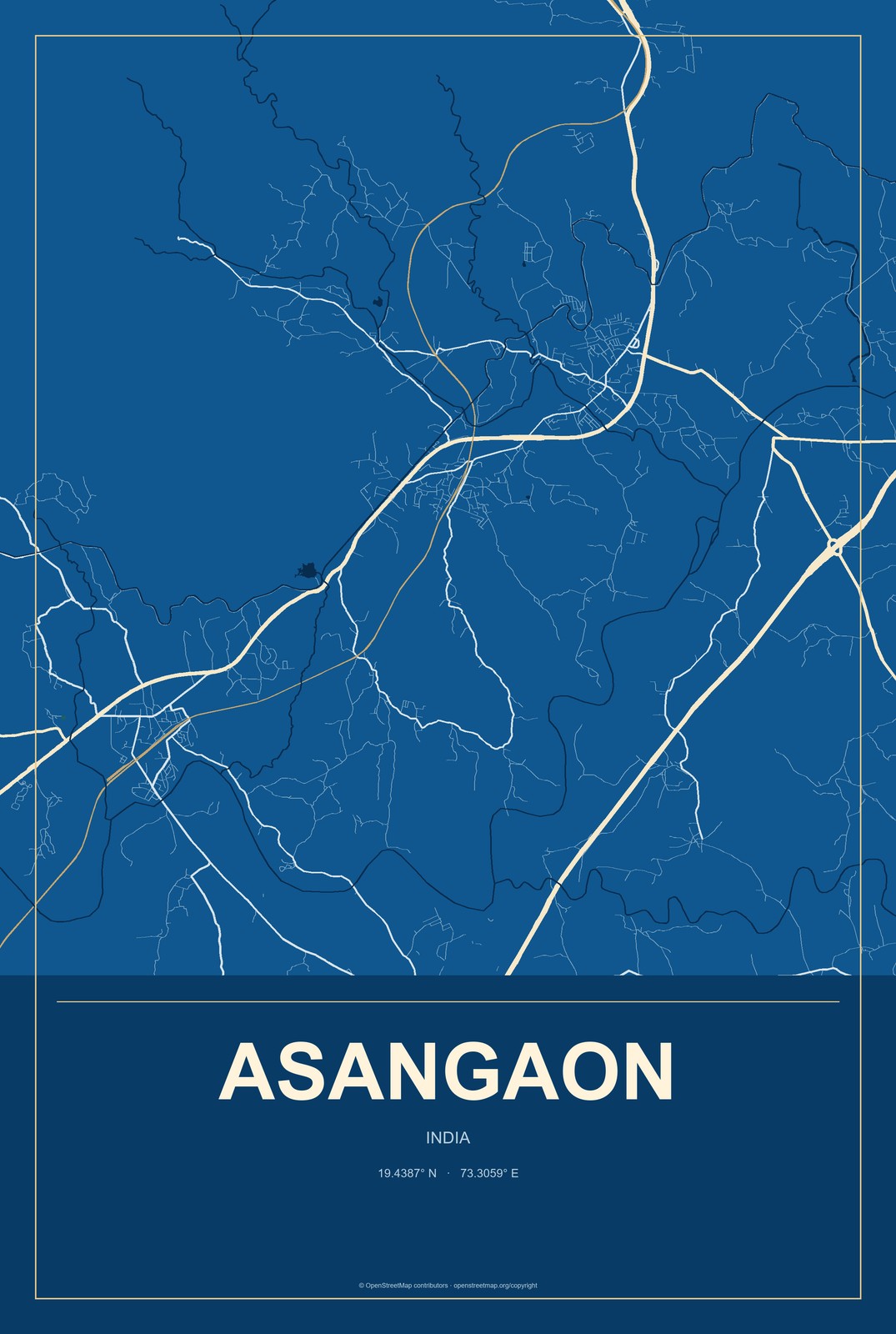 Asangaon, India City Map Aluminum Sign in Harbor Cobalt style