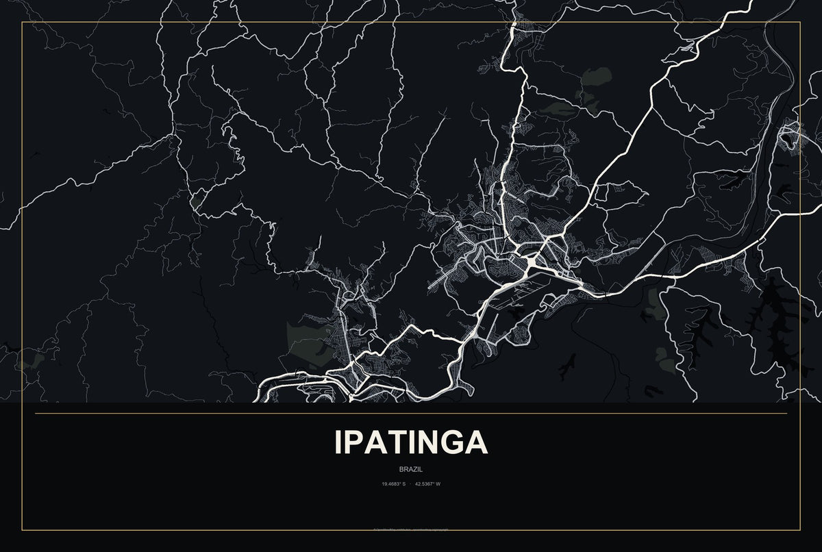 Ipatinga, Brazil City Map Aluminum Sign in Metropolitan Noir style