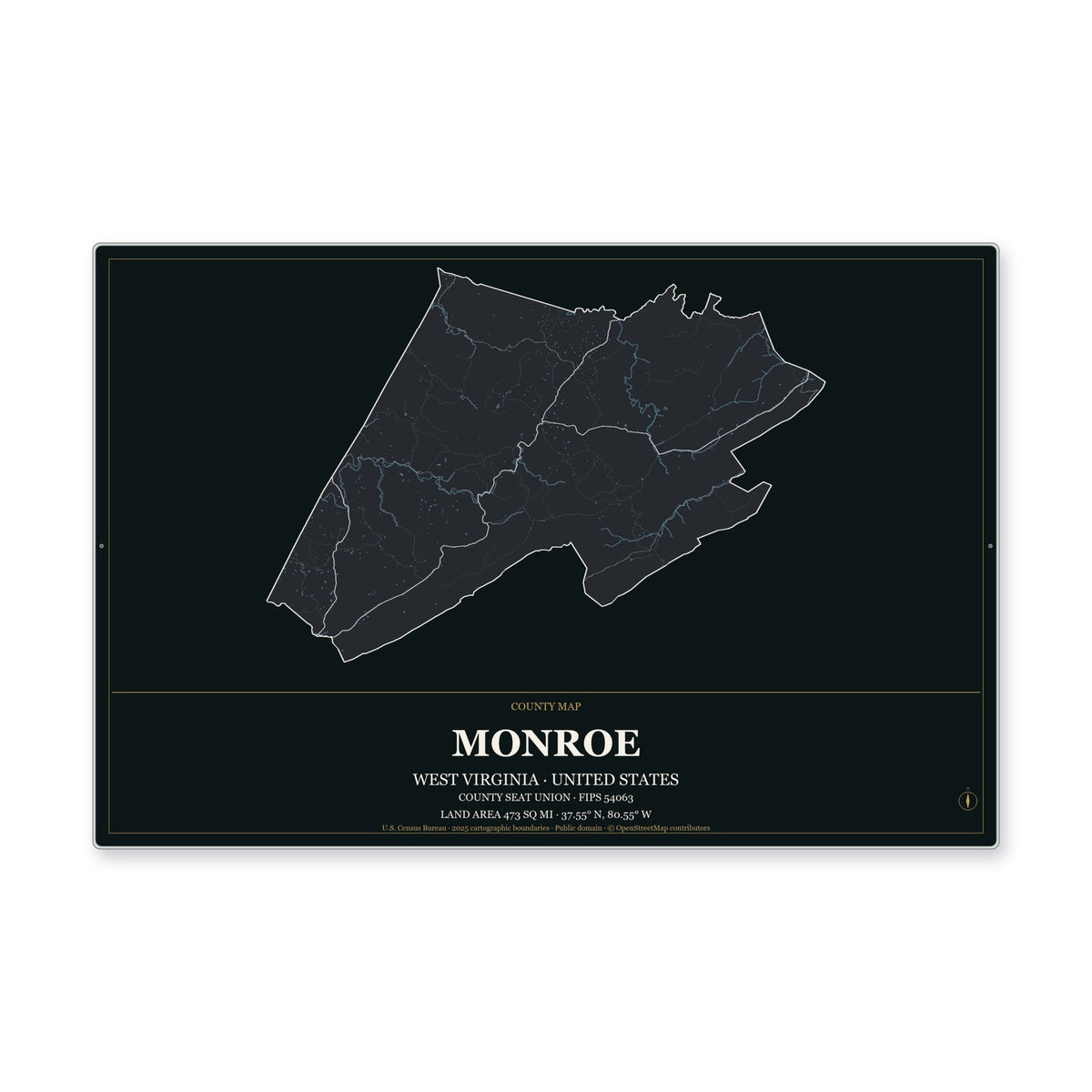 Monroe County, West Virginia Map Aluminum Sign in Metropolitan Noir style