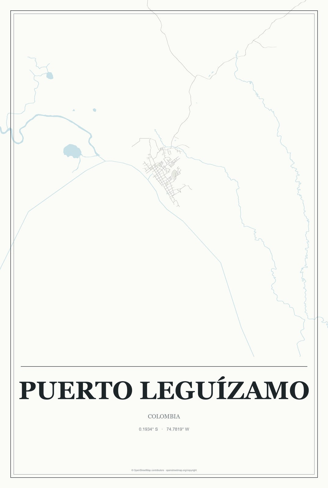 Puerto Leguízamo, Colombia City Map Aluminum Sign in Gallery Air style