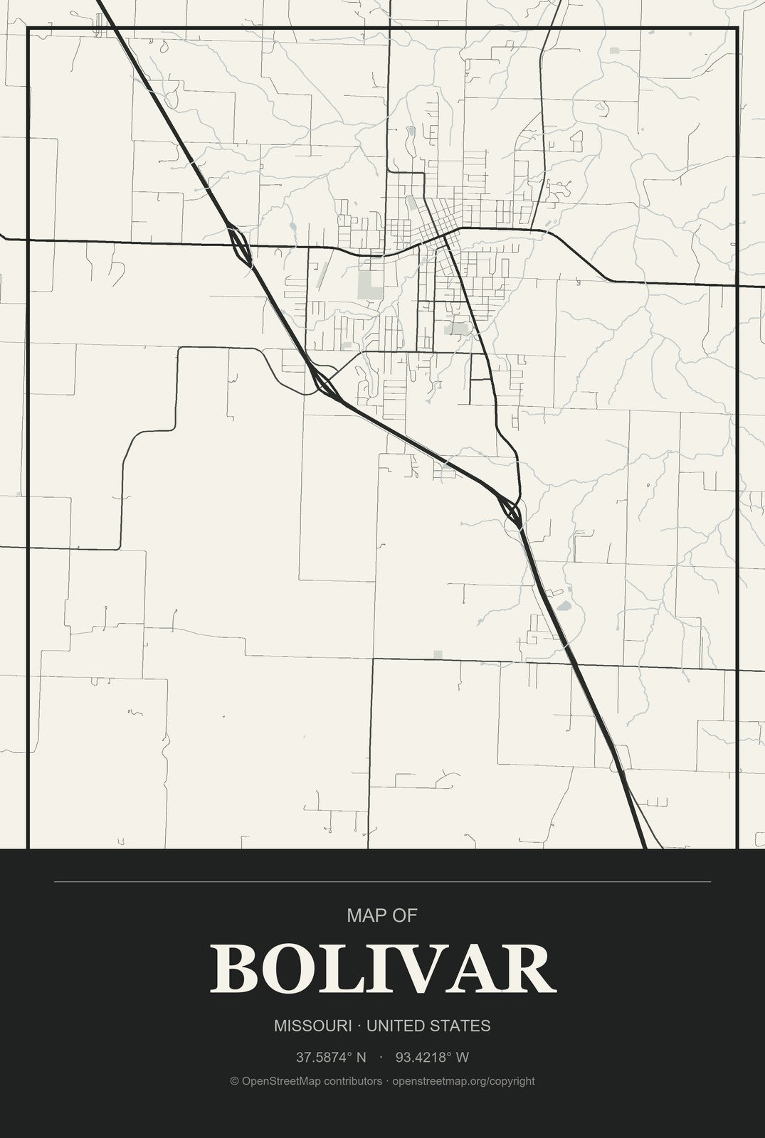 Bolivar, Missouri City Map Aluminum Sign in Museum Plaque style