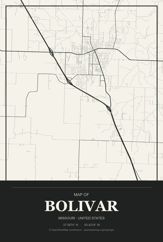 Bolivar, Missouri City Map Aluminum Sign in Museum Plaque style