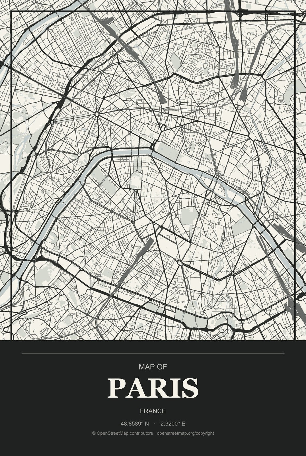 Paris, France City Map Aluminum Sign in Museum Plaque style