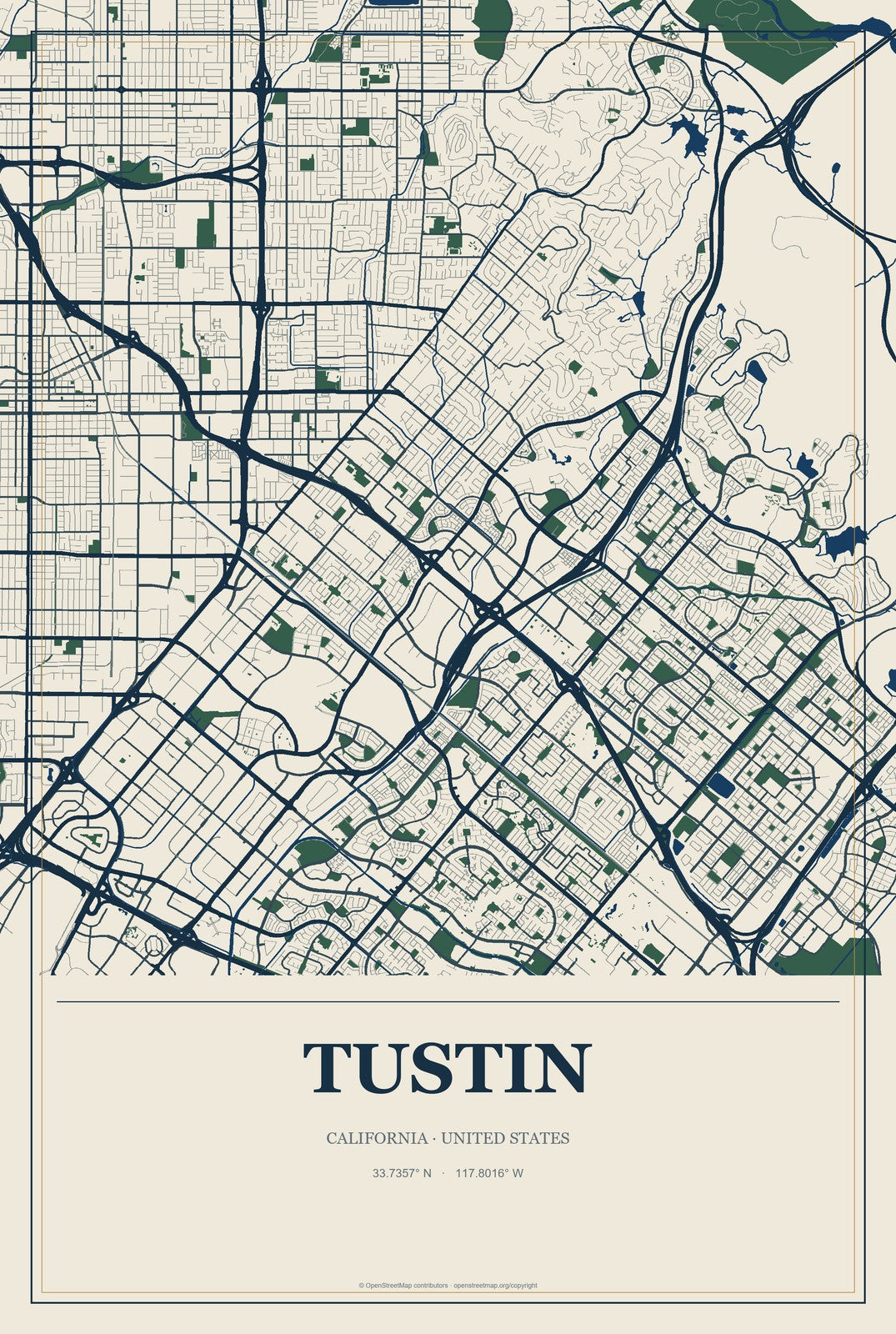 Tustin, California City Map Aluminum Sign in Coastal Cutout style