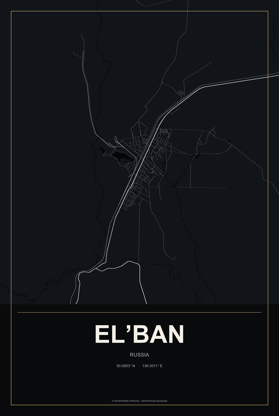 El’ban, Russia City Map Aluminum Sign in Metropolitan Noir style