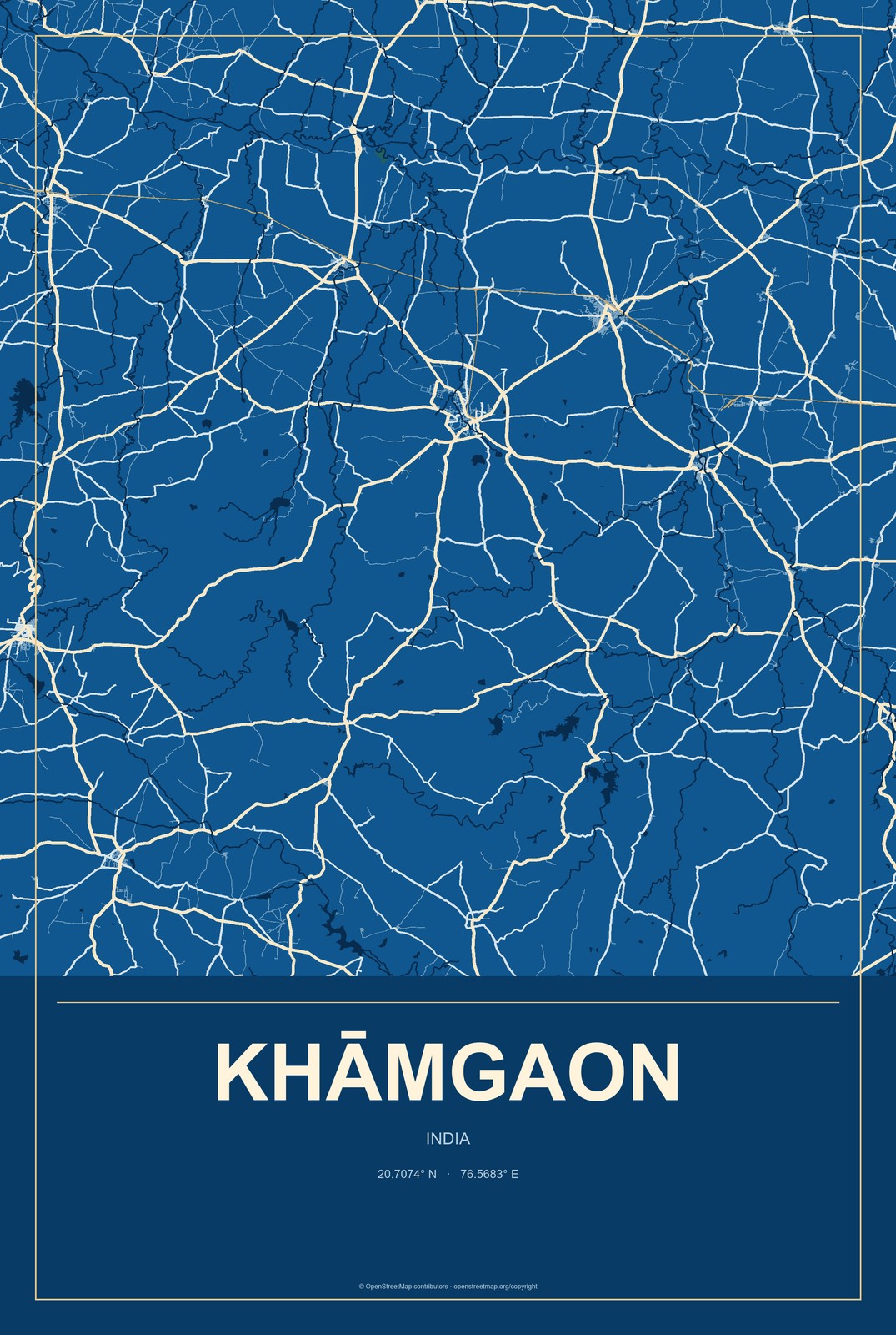 Khāmgaon, India City Map Aluminum Sign in Harbor Cobalt style