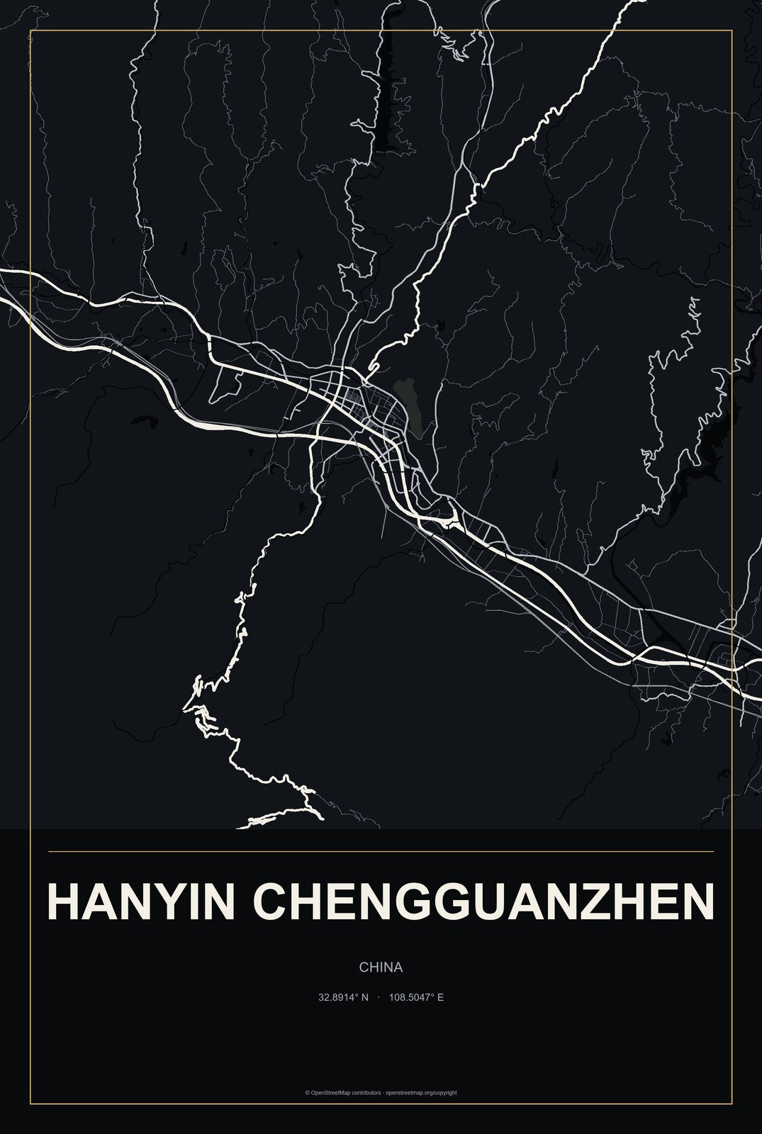 Hanyin Chengguanzhen, China City Map Aluminum Sign in Metropolitan Noir style