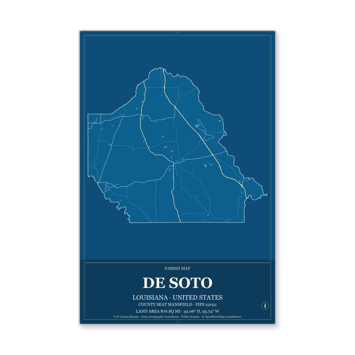 De Soto Parish, Louisiana Map Aluminum Sign in Harbor Cobalt style