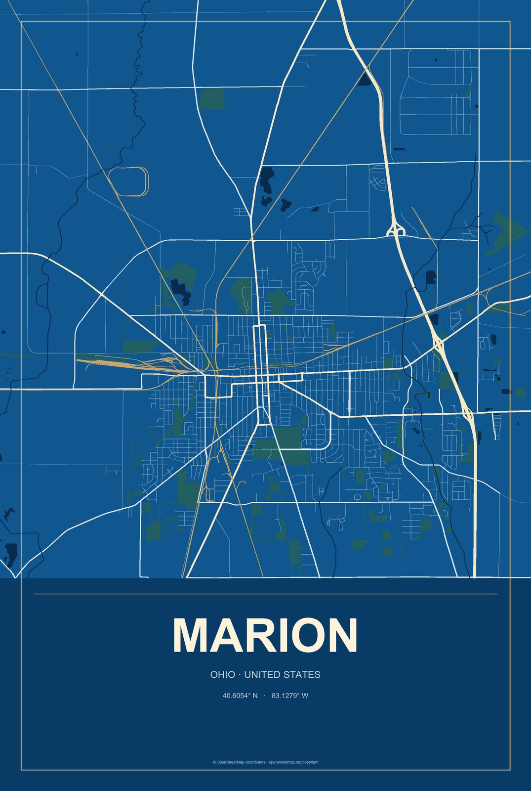 Marion, Ohio City Map Aluminum Sign in Harbor Cobalt style