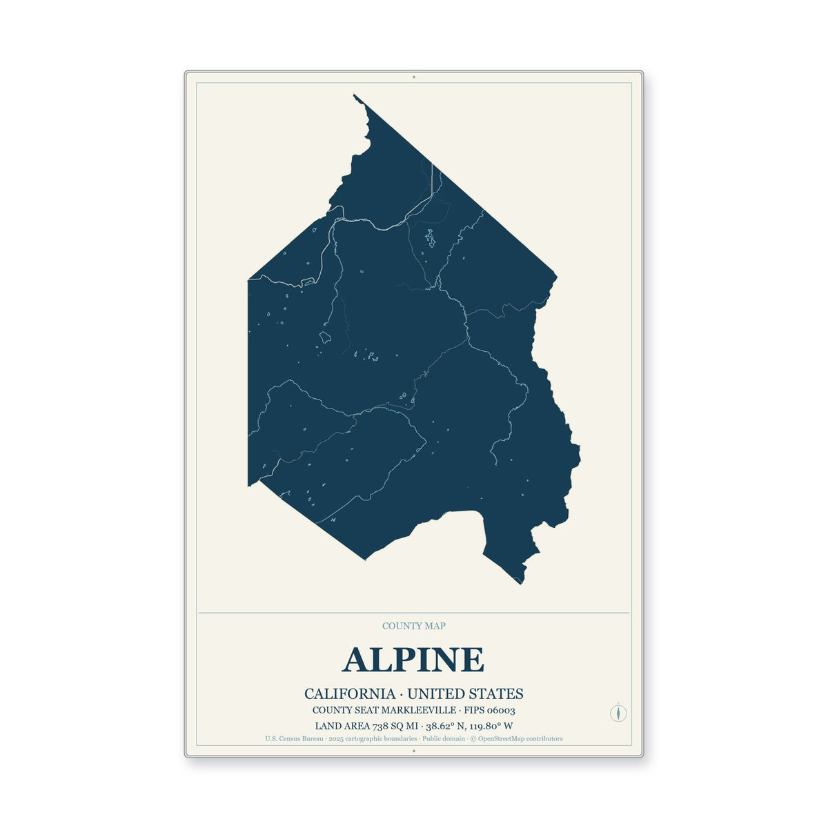 Alpine County, California Map Aluminum Sign in Coastal Cutout style