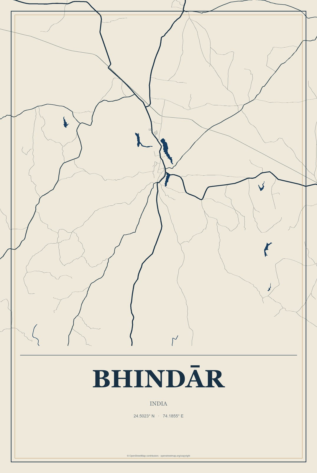 Bhindār, India City Map Aluminum Sign in Coastal Cutout style