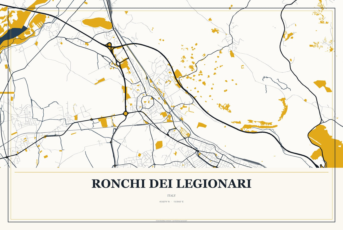 Ronchi dei Legionari, Italy City Map Aluminum Sign in Citrine Modern style
