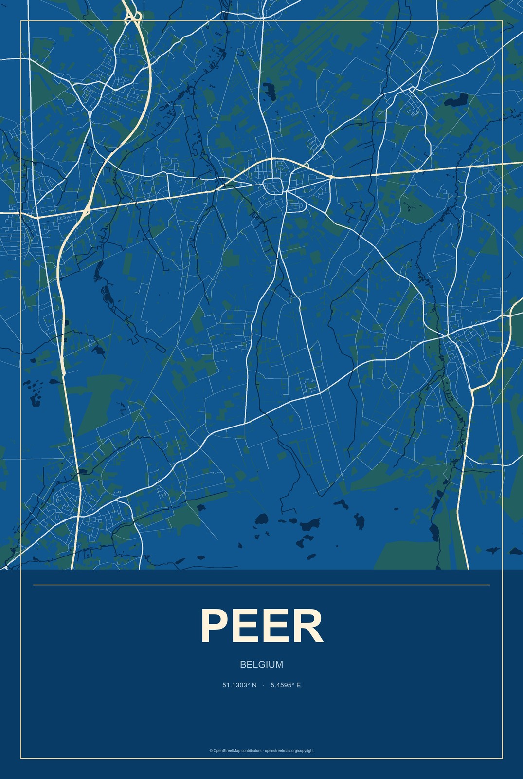 Peer, Belgium City Map Aluminum Sign in Harbor Cobalt style