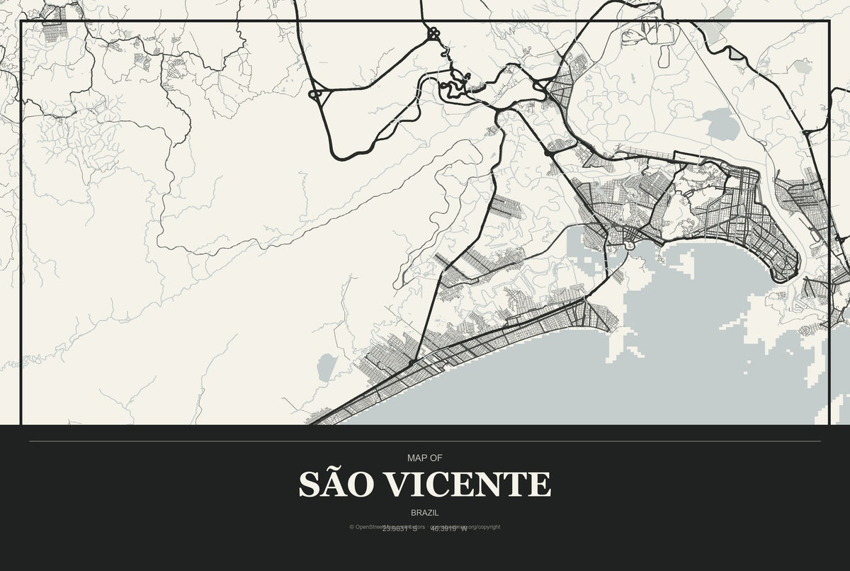 São Vicente, Brazil City Map Aluminum Sign in Museum Plaque style
