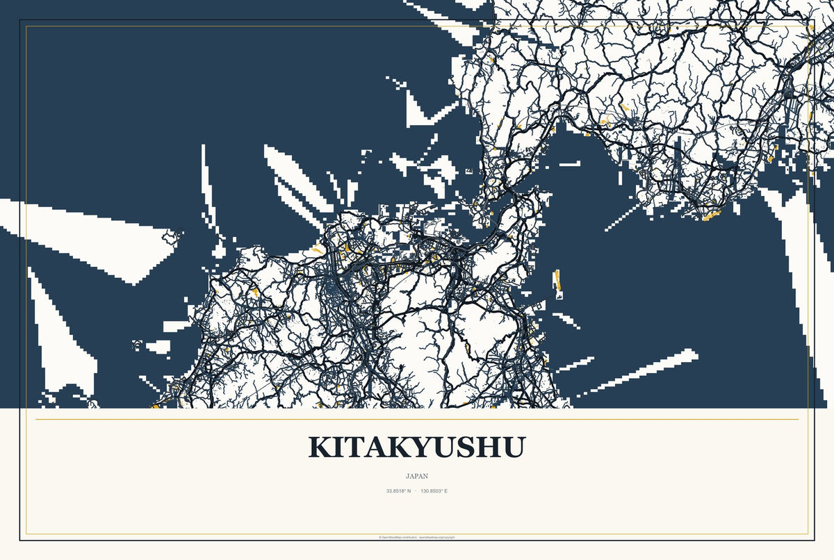 Kitakyushu, Japan City Map Aluminum Sign in Citrine Modern style