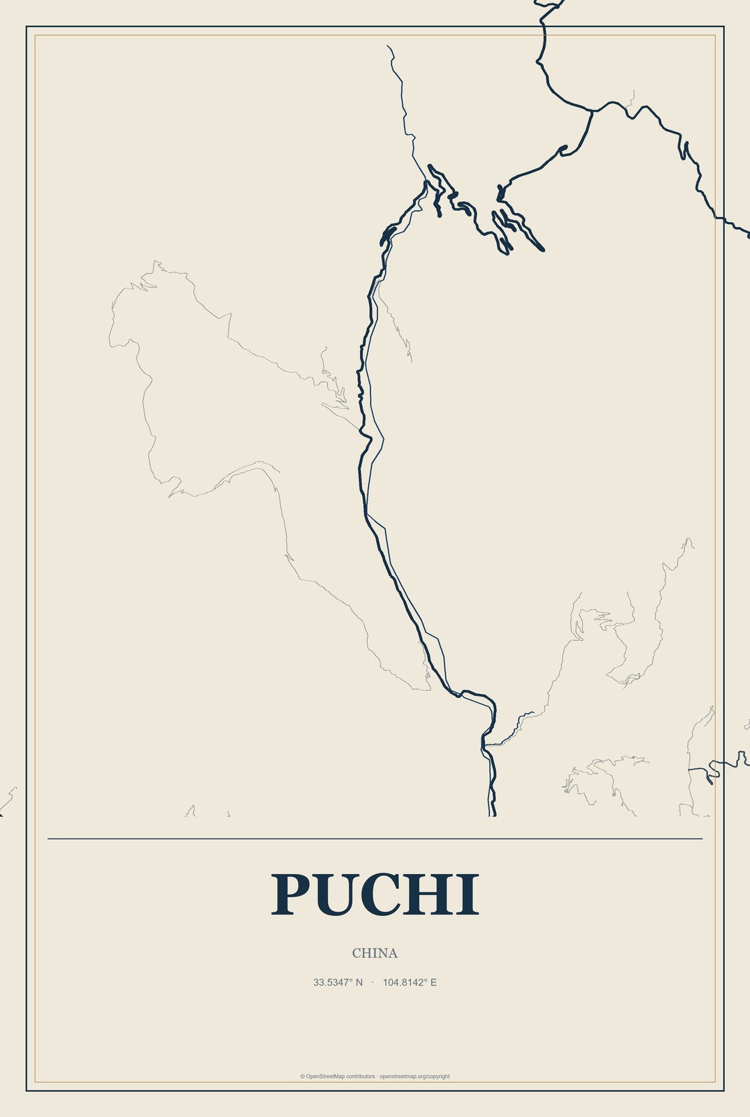 Puchi, China City Map Aluminum Sign in Coastal Cutout style