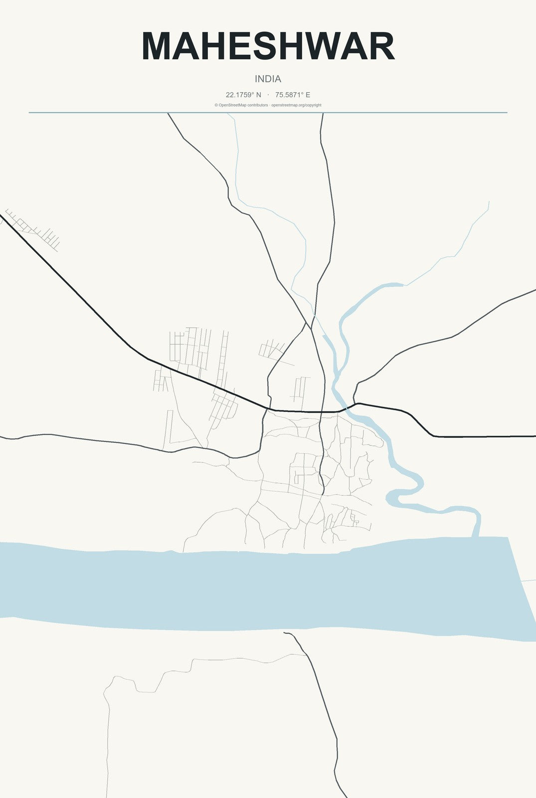 Maheshwar, India City Map Aluminum Sign in Headline Atlas style