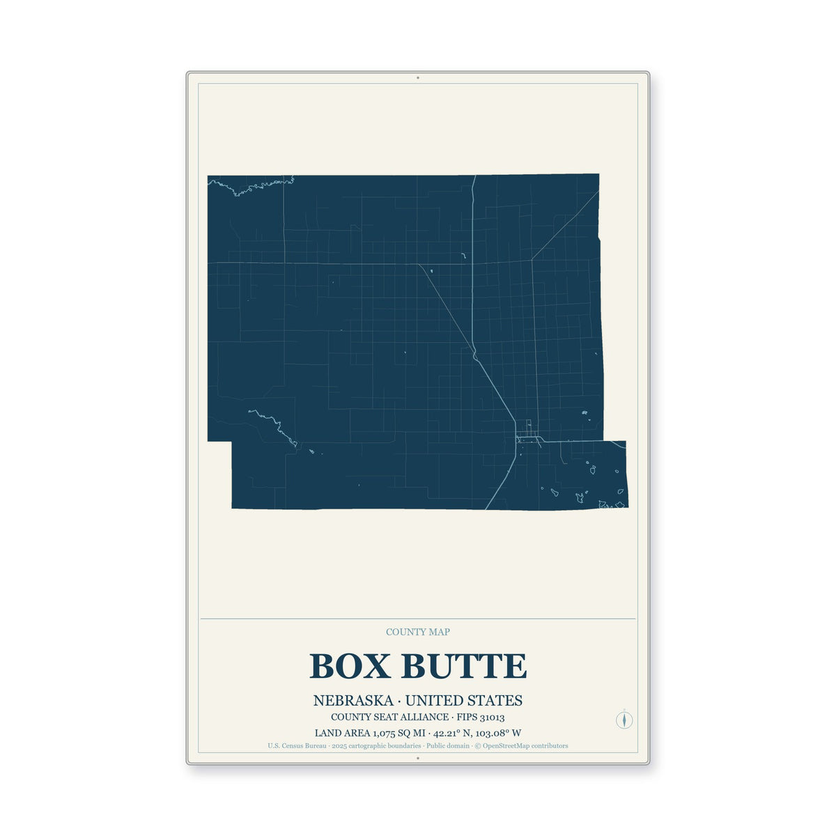 Box Butte County, Nebraska Map Aluminum Sign in Coastal Cutout style