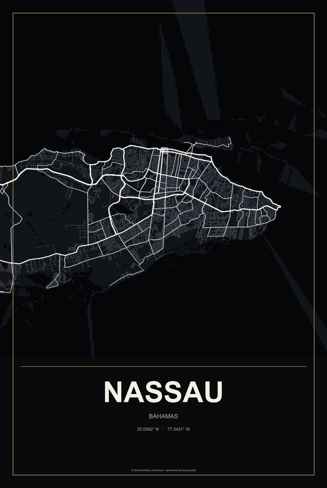 Nassau, Bahamas City Map Aluminum Sign in Metropolitan Noir style