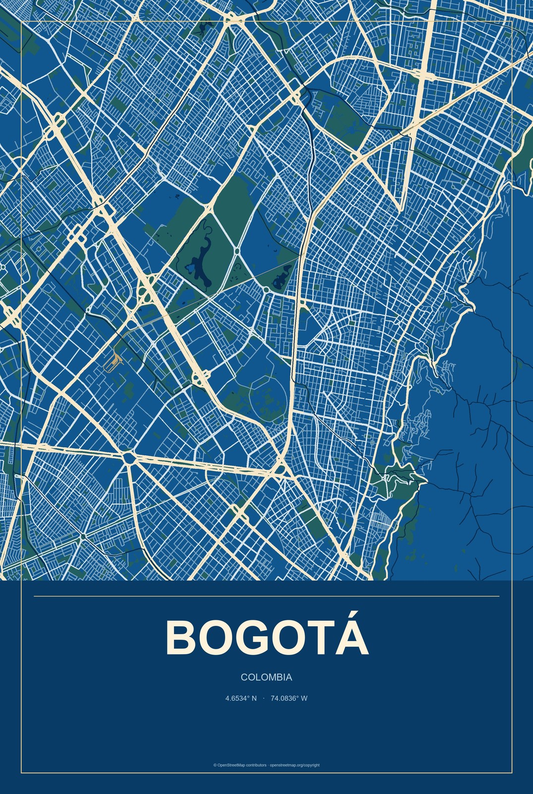 Bogotá, Colombia City Map Aluminum Sign in Harbor Cobalt style