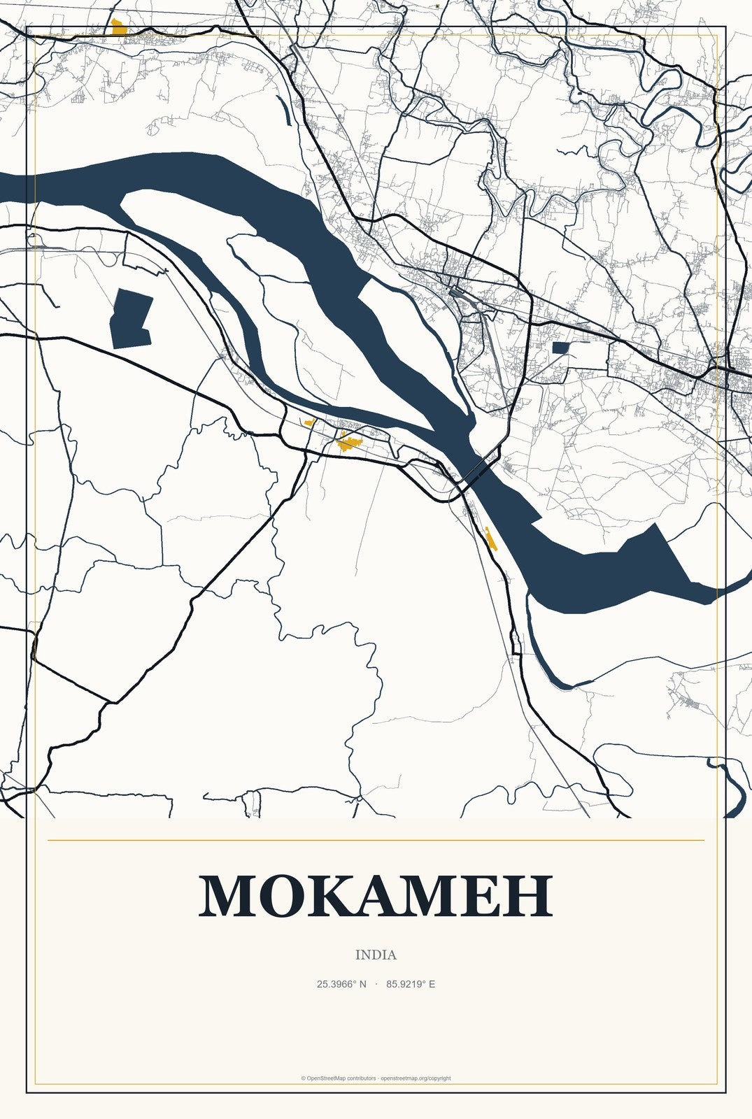 Mokameh, India City Map Aluminum Sign in Citrine Modern style