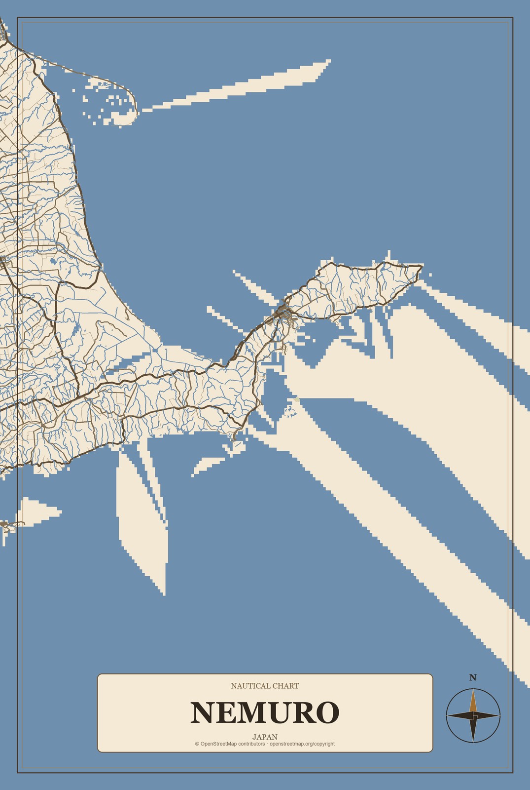 Nemuro, Japan City Map Aluminum Sign in Heritage Nautical style