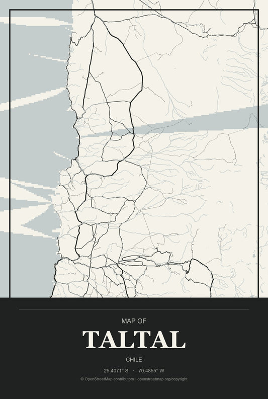 Taltal, Chile City Map Aluminum Sign in Museum Plaque style
