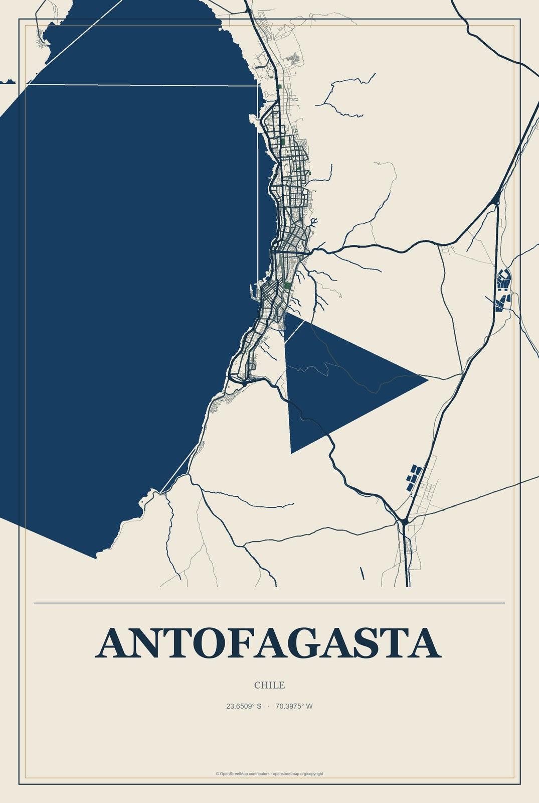 Antofagasta, Chile City Map Aluminum Sign in Coastal Cutout style