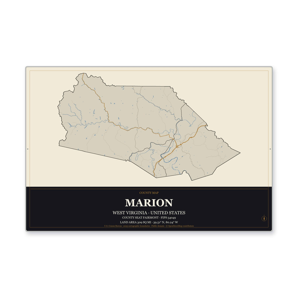 Marion County, West Virginia Map Aluminum Sign in Museum Plaque style