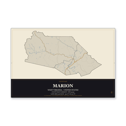 Marion County, West Virginia Map Aluminum Sign in Museum Plaque style