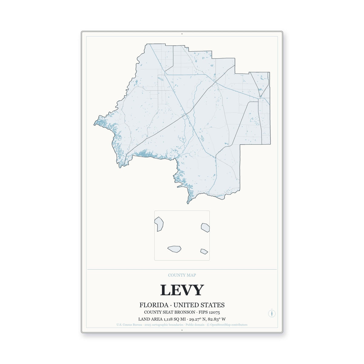 Levy County, Florida Map Aluminum Sign in Gallery Air style
