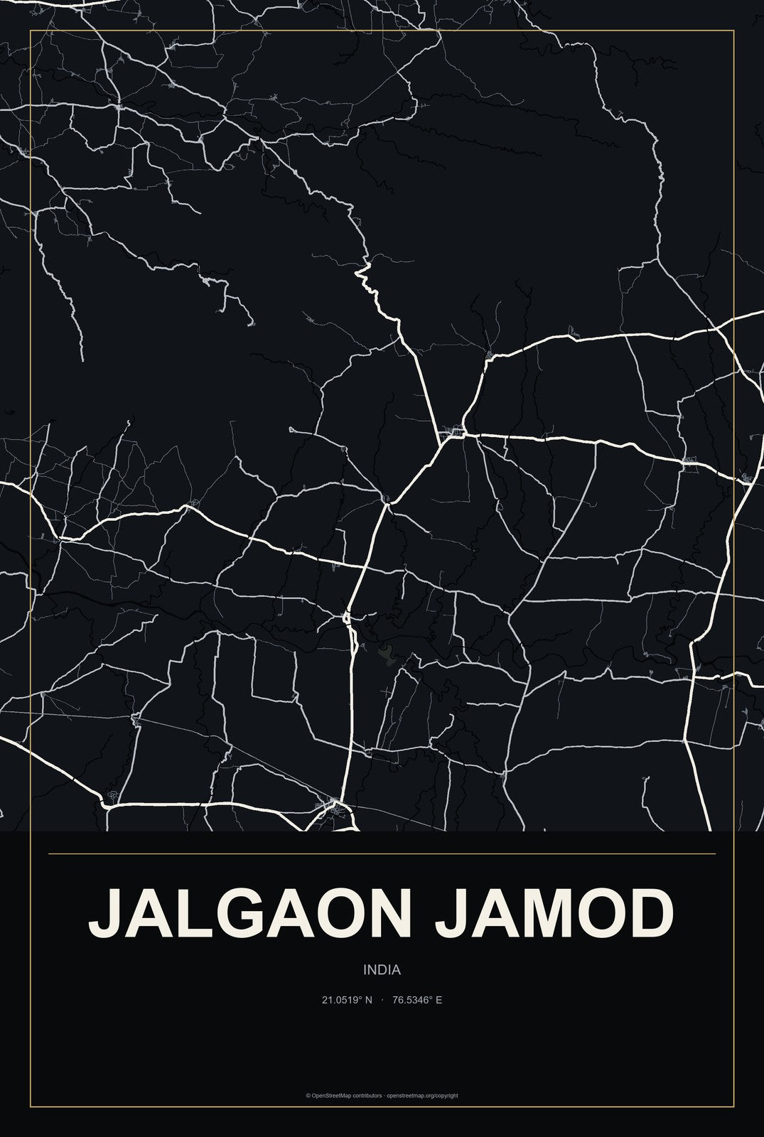 Jalgaon Jamod, India City Map Aluminum Sign in Metropolitan Noir style