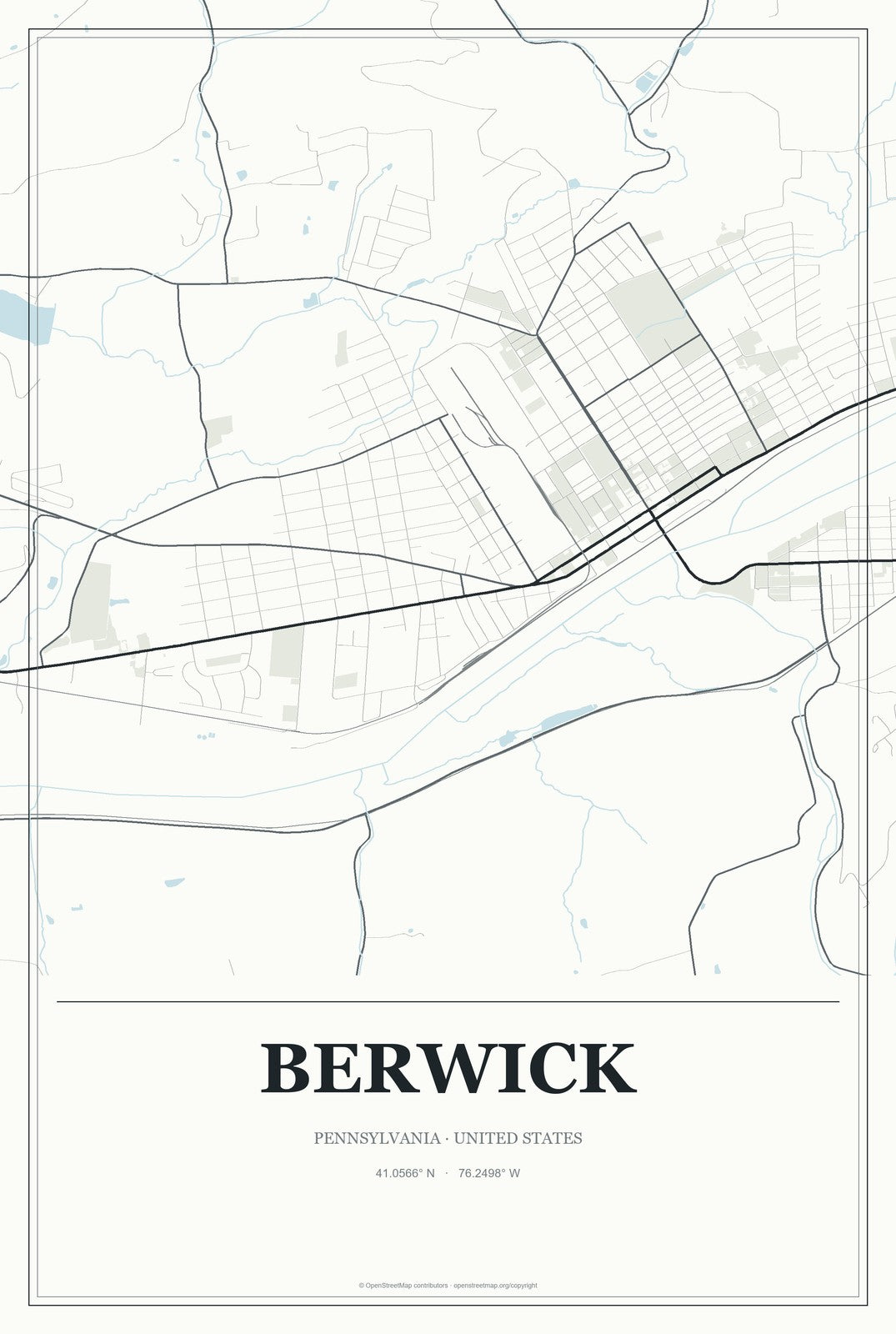 Berwick, Pennsylvania City Map Aluminum Sign in Gallery Air style