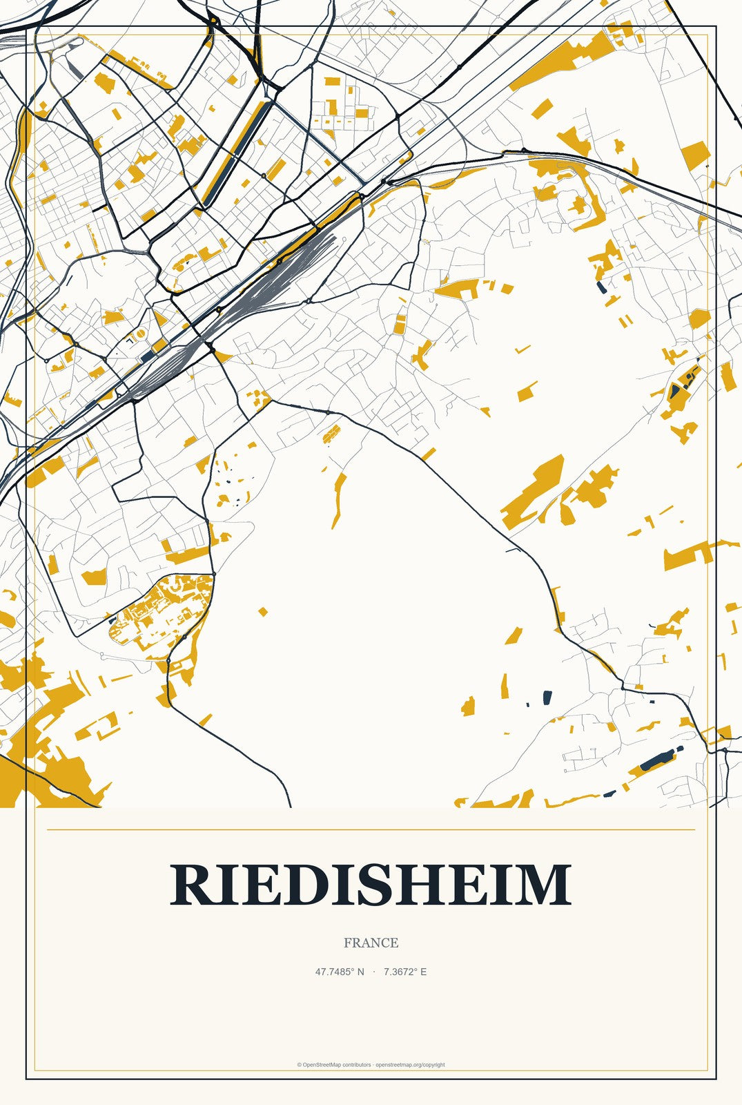 Riedisheim, France City Map Aluminum Sign in Citrine Modern style