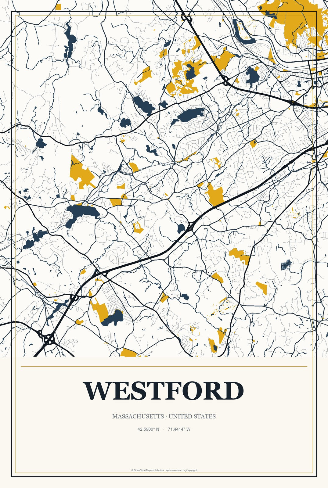 Westford, Massachusetts City Map Aluminum Sign in Citrine Modern style